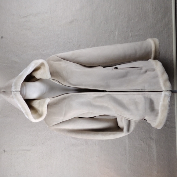 BGSD Est. 1990 Cream Faux Suede Hooded Long Sleeve Zip Up Mid Length Winter Coat - Picture 11 of 11